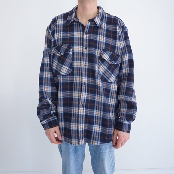 VTG '90S Urban Ridge Navy Blue Plaid Outdoors Warm Button Up Flannel Shirt 2XL - Picture 1 of 11